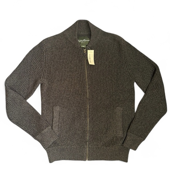 Eddie Bauer Olive Zip Up Chunky Cardigan - Cable Knit - Ribbed Trim - Mens Small - Picture 2 of 11